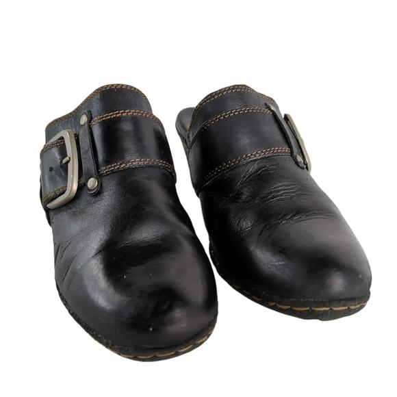 Born BOC Women's 7 Black Leather Slip-On Heeled Mules Clogs Shoes Buckle Boho - Picture 10 of 10